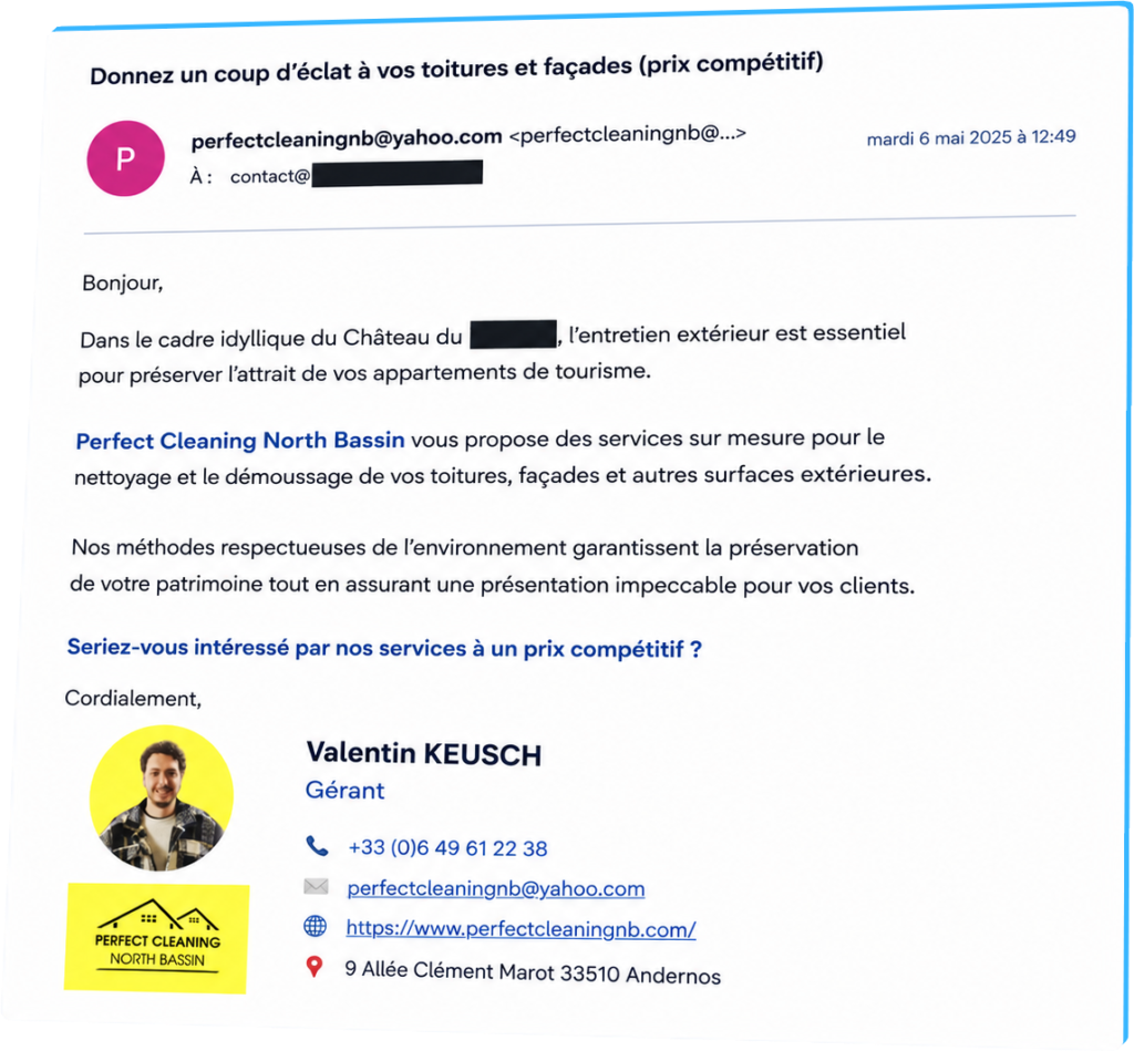 Exemple de mail de prospection envoyé pour Perfect Cleaning North Bassin